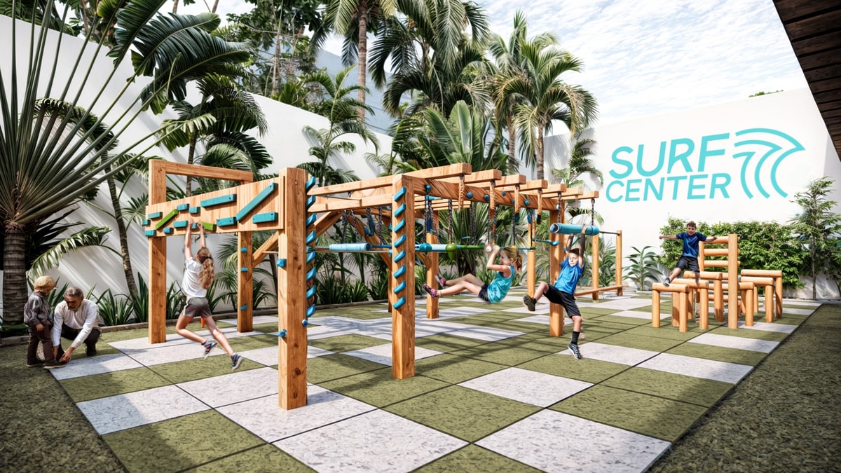 Área kids e jardim com barras de calistenia no Surf Center São Paulo